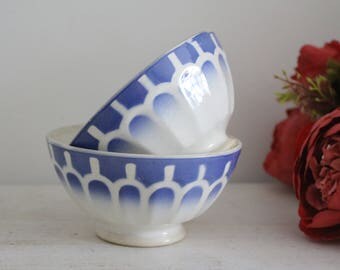 Pair of Vintage French Blue & White Geometric Cafe Au Lait Bowls