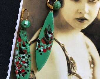 1920 French Antic Vintage Art Deco Pendants Earrings in sauge green crystal with muticolors splash- Roaring 20s - Flapper