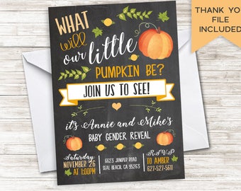 Pumpkin Gender Reveal Invite Invitation Baby Chalkboard Fall Thanksgiving Halloween Digital 5x7 Peronalized
