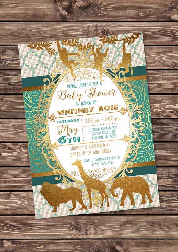 Teal and Gold Safari Baby Shower Invitation African Animals