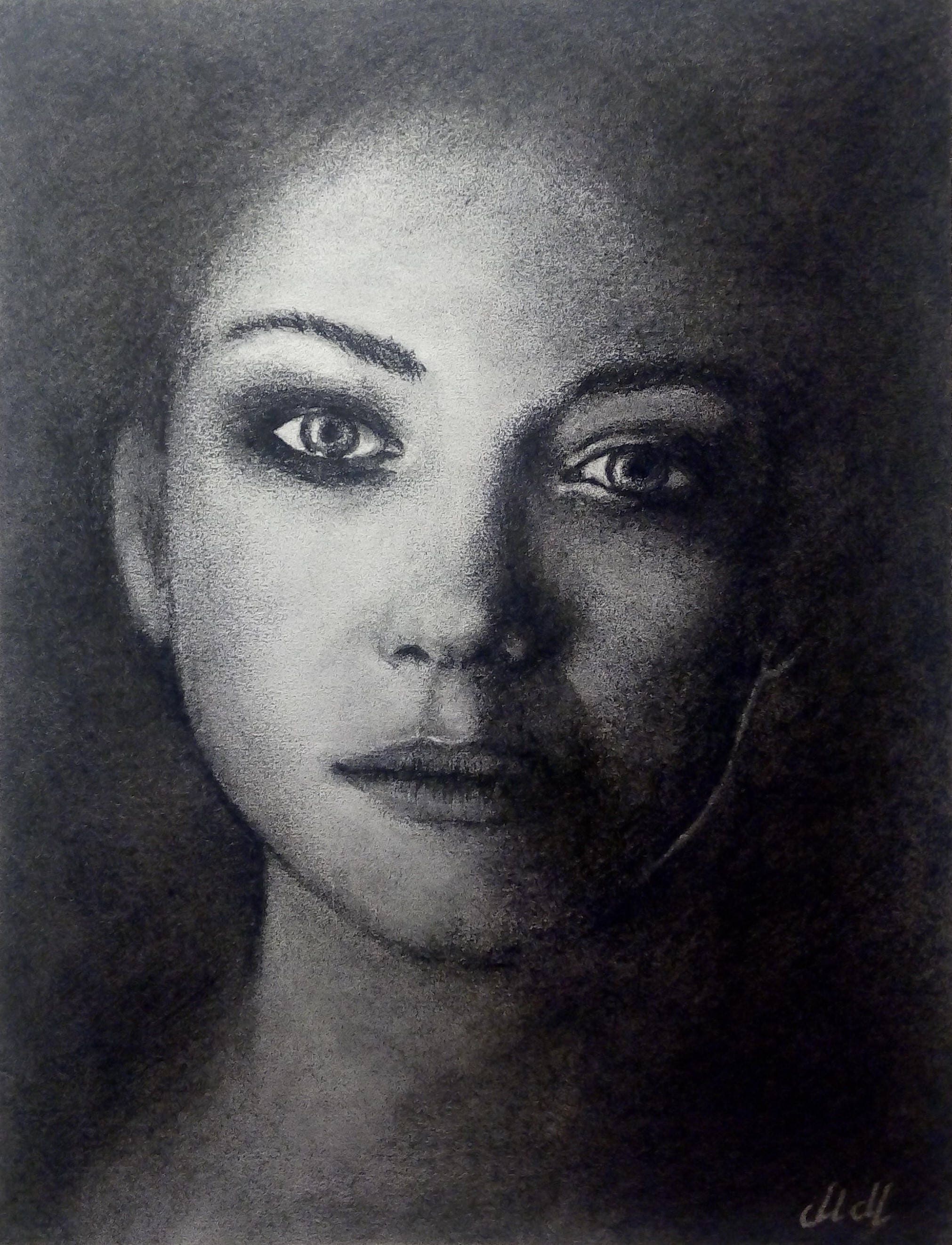 Charcoal portrait of woman realistic coal art beautiful