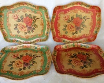 Set of 4 Vintage Laquered Papier-mâché Floral Trays Occupied Japan