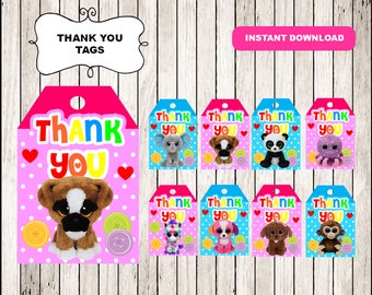 Beanie Boo thank you tags instant download, Printable Beanie Boo party thank you tags, Beanie Boo tags