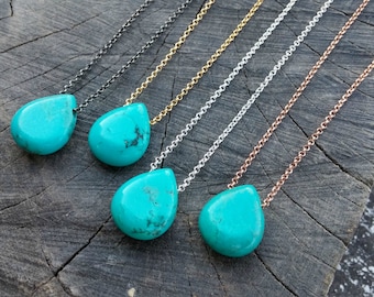 Natural Turquoise Necklace, Gold Arizona Turquoise Pendant 14K Gold, Rose Gold or Sterling Silver, December Birthstone Necklace Blue Drop