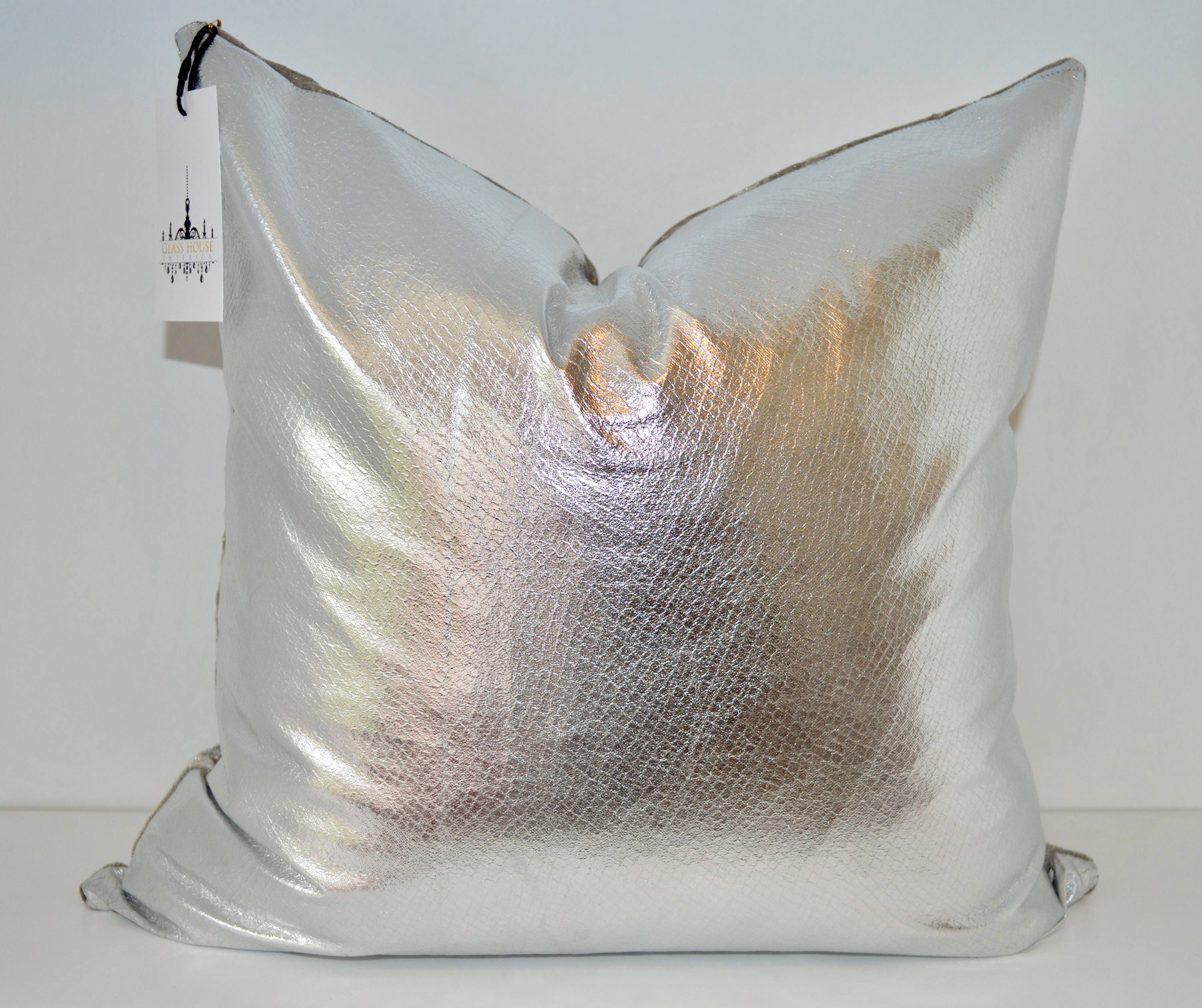 Crushed gray velvet and silver metallic throw pillow