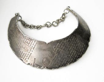 1990s BICHE de BERE Metal Choker. Rigid Torque Collar Necklace. Limited Edition. Typography Wearable Art. French Haute Couture Designer Gift