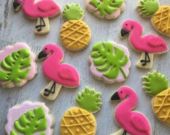 1 Dozen Pink Flamingos and Pineapples Decorated Cookies