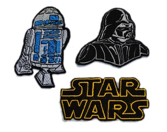3 Psc STAR WARS Emboidered Iron on Patches, R2D2 robot Star Wars patch, Star Wars text logo, Darth Vader Embroidered Patch, Movie patch