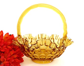 Vintage Fenton Amber Glass Basket Colonial Thumbprint Pattern Crimped Edge
