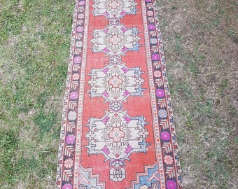 3' x 9'7'' Vintage Oushak Runner Rug, Old Turkish Hallway Rug, Kitchen Rug, Low Pile Runner Rug, Faded Color Worn Runner Rug, Distressed Rug