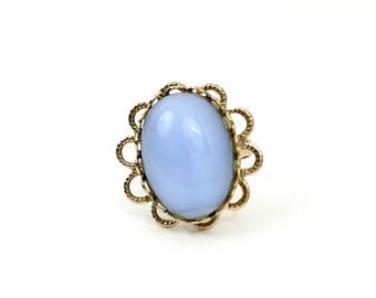 Vintage Faux Moonstone Flower Ring - Retro Pale Blue Stone & Gold Tone Jewelry - Size 5 3/4 Adjustable Cocktail Ring - 1960s Accessory