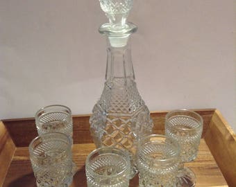 Vintage cut glass decanter set with stem glasses