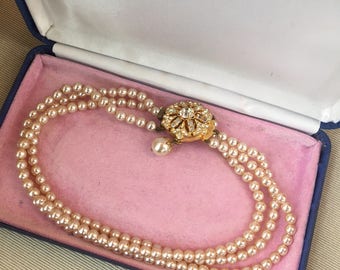 Vintage 1950's Three - Strand Faux Pearl Chocker Necklace with Gold and Rhinestone Inset Box Clasp Detail
