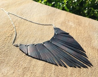 black leather bib necklace black leather collar necklace leather fringe necklace genuine leather statement necklace boho style necklace
