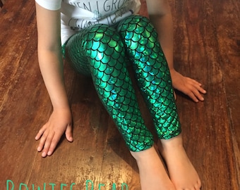 Girls Foil Print Mermaid Leggings - Holographic Green Flake - Scale Print Leggings - Sizes Prem - 14 Years - Ariel Dress Up - Under The Sea