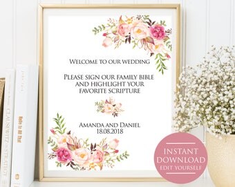 Wedding Template, Please sign our family, Instant Download Editable PDF 4x6,5x7, 8x10, Wedding sign, floral wedding sign,