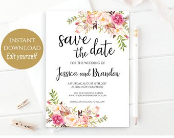 Save the Date Template Save the Date Card Save the Date Printable Wedding Printable PDF Instant Download Pastel Blooms