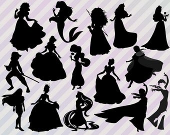Disney Princess Svg, Disney princess silhouette, Princess Svg, Dxf, Png & Eps files. Ariel, Belle, jasmine, Mulan, Tiana, Rapunzel cut files