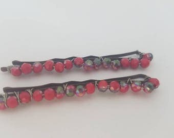 Red beaded hair pins, wire wrapped bobby pins, childrens hair accessories