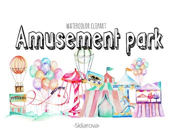 Fun park watercolor clipart Amusement park watercolor Digital fun attraction Carousel illustration Carnival clipart Handpaint entertainment