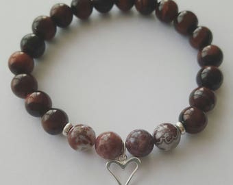 Warm Winter mala bracelet red tigereye fire agate 8mm gemstonebeads sterling silver spacer beads and heart charm holidays present for her