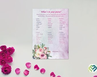Printable Whats in your Purse Game Bridal Shower Purse Game Printable Roses Baby Shower Game Floral Bridal Shower Game Digital Download