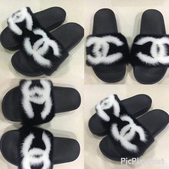 Chanel inspired Mink fur slipper slides slippers Genuine fur