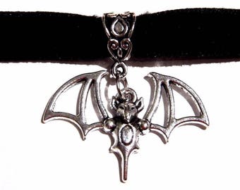 Silver Vampire Bat Wings Pendant Velvet Choker Necklace 2P