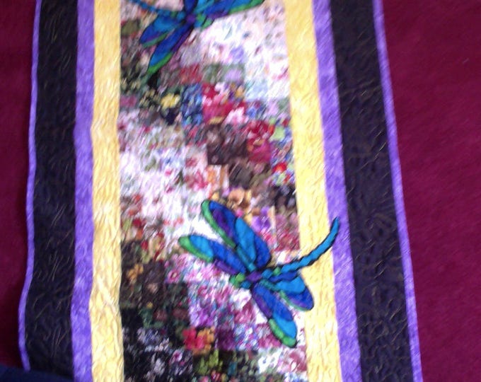 Dragonfly and Waterlily Watercolor Wallhanging Quilt, Wall Art, Dragonfly Wallhanging Quilt, Patchwork Quilt, Stain Glass Image, Wall Decor