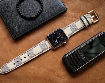 Artisan Watch Strap Handmade White LV Strap Red Stitching L4 Fits Apple watch Series 1 Series 2, Nike+ version 38mm or 42mm