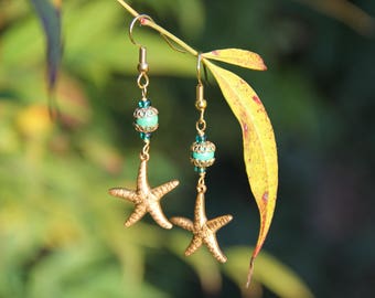 Golden Turquoise Mermaid Gypsy Bohemian Princess Earrings