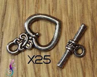 25 antique silver plated heart toggle clasps