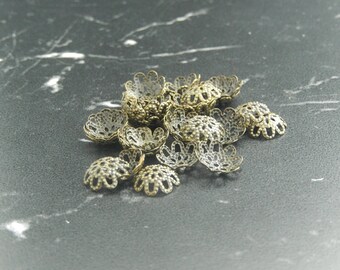 10 bronze flower bead caps