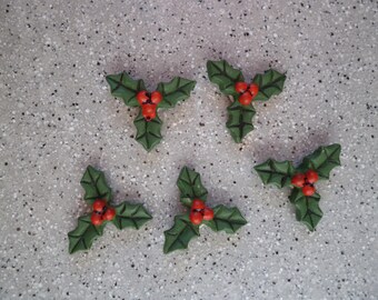 5 embellishments leaf Holly red green resin paste and color