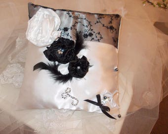 White and Black Lace ring bearer pillow wedding handmade