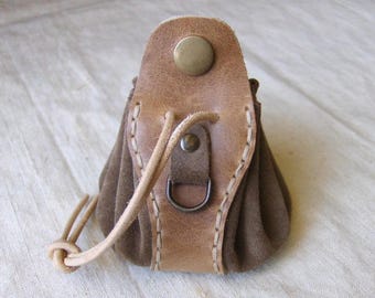 Worn purse wallet leather taupe-gold loop ring hand sewn