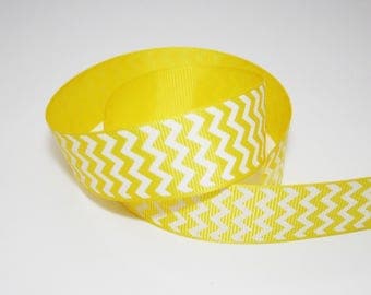 Chevron yellow and white, 25 mm, 1 m Ribbon, Ribbon grosgrain zig zag print non adhesive