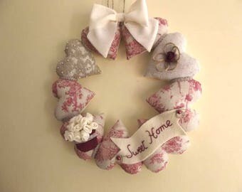 Christmas - Wreath hearts, cosy, romantic, shabby chic, French toile de Jouy, lace, beads, unique, handmade, France, passionnementseize