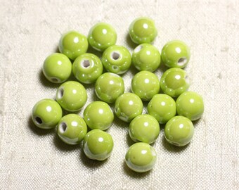 100pc - ceramic porcelain iridescent 10mm Green lemon yellow round beads