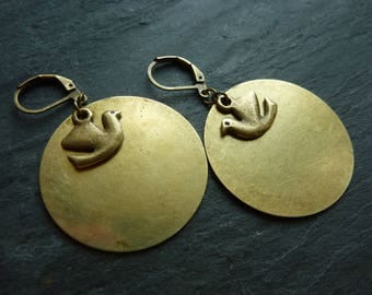 Large discs and bronze bird earrings