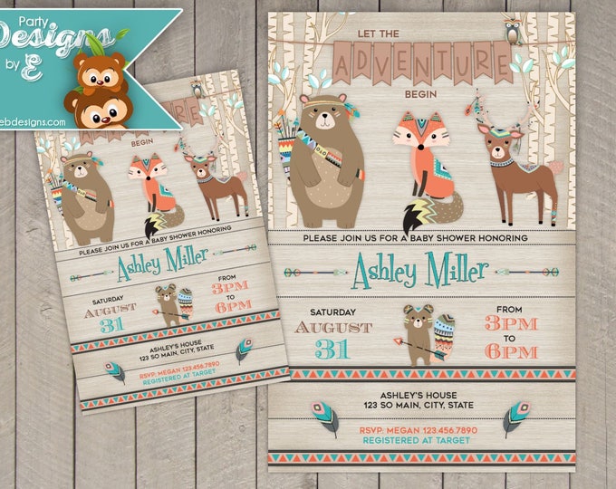 Woodland Baby Shower Invitation - Tribal Baby Shower Invitation - Adventure Forest Animals Baby Shower Invite