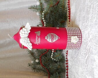 Candles customised with Wing Angel for Christmas and new years red / silver