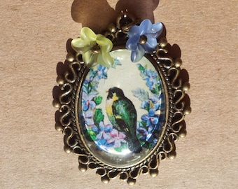 Pendant "Parakeet" - cabochon parakeet and forget-me-not flowers