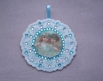 Wall decor for nursery - two little angels - doily paper lace - blue and clear rhinestones
