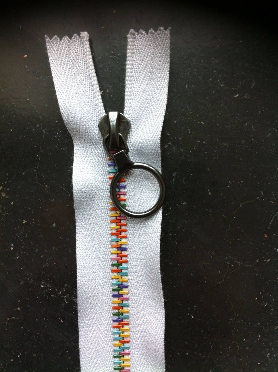 Zipper 35 cm separable multicolor on gray fabric from Woolyhood on Etsy