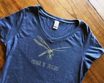 MOTHER OF DRAGONS - Heather Navy Womens V-neck T-Shirt size Medium M - Game Thrones - Funny - Dragonfly Nature - Smiling Snake Shirt Company