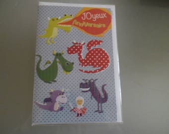 x 1 double birthday card depicting dragons, viking multicolored + 1 envelope 17,5 x 11,5 cm