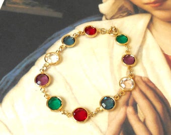 Vintage Open Back Multi Colored Swarovski Crystal Bracelet, Bezel, Open Back Crystal, Emerald Green, Purple Amethyst, Montana Blue, Siam Red