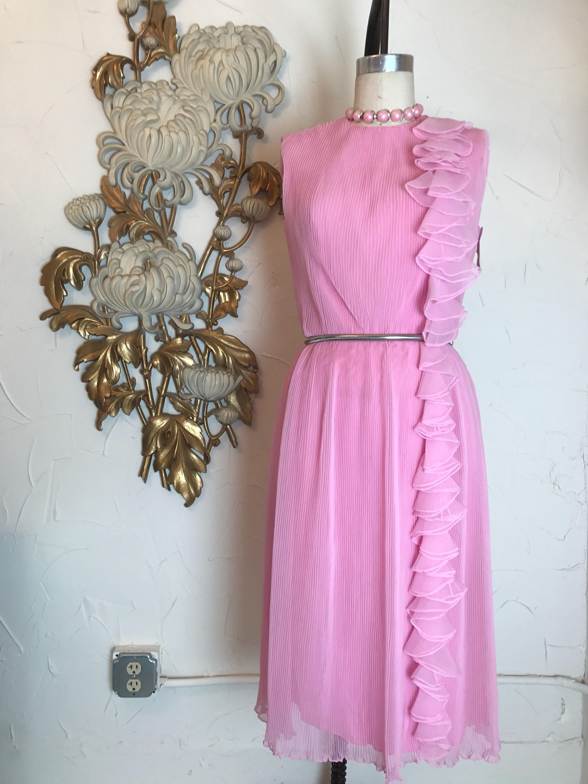 1960s dress pink dress 50s dress chiffon dress size medium