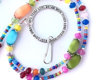 Rainbow Cats Eye Beaded ID Badge Lanyard - Oval Cat Eye Beads - ID Necklace